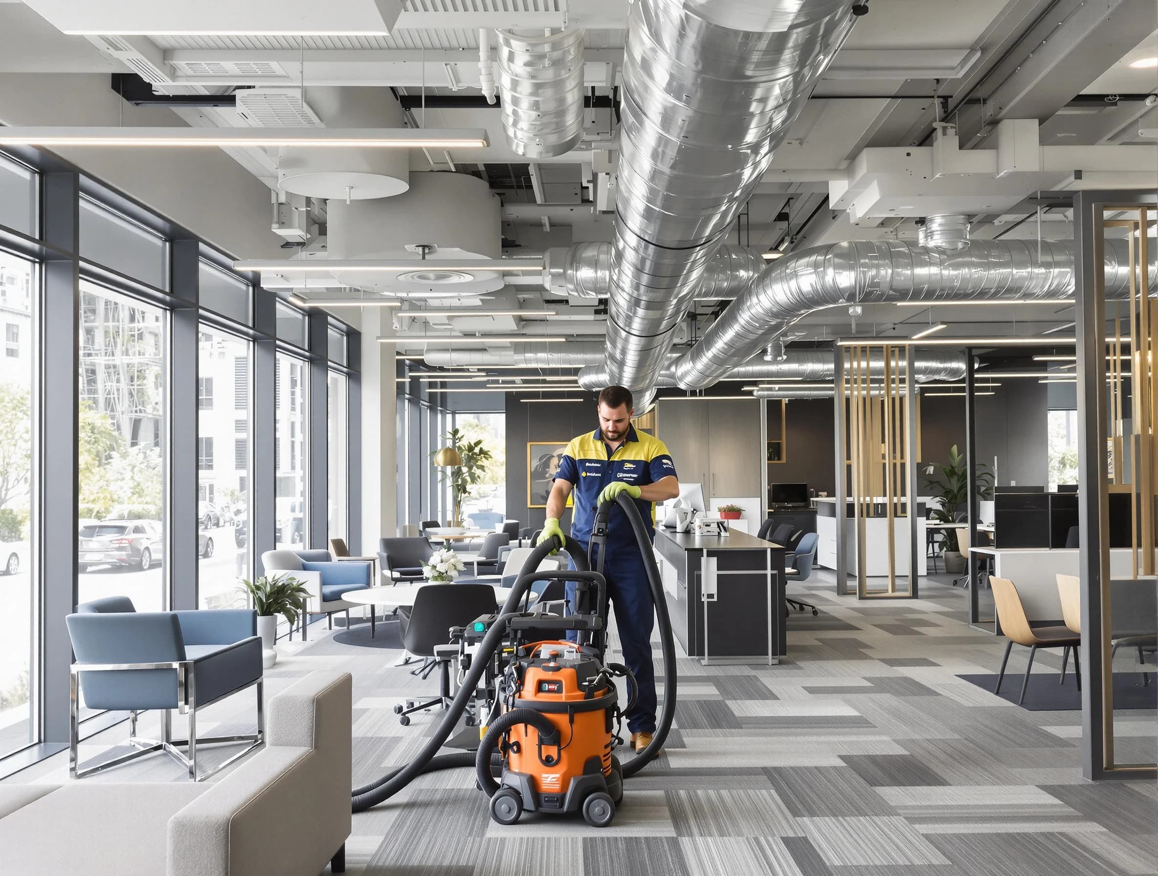 Washington Air Duct Cleaning team performing thorough commercial duct cleaning at a Washington business center