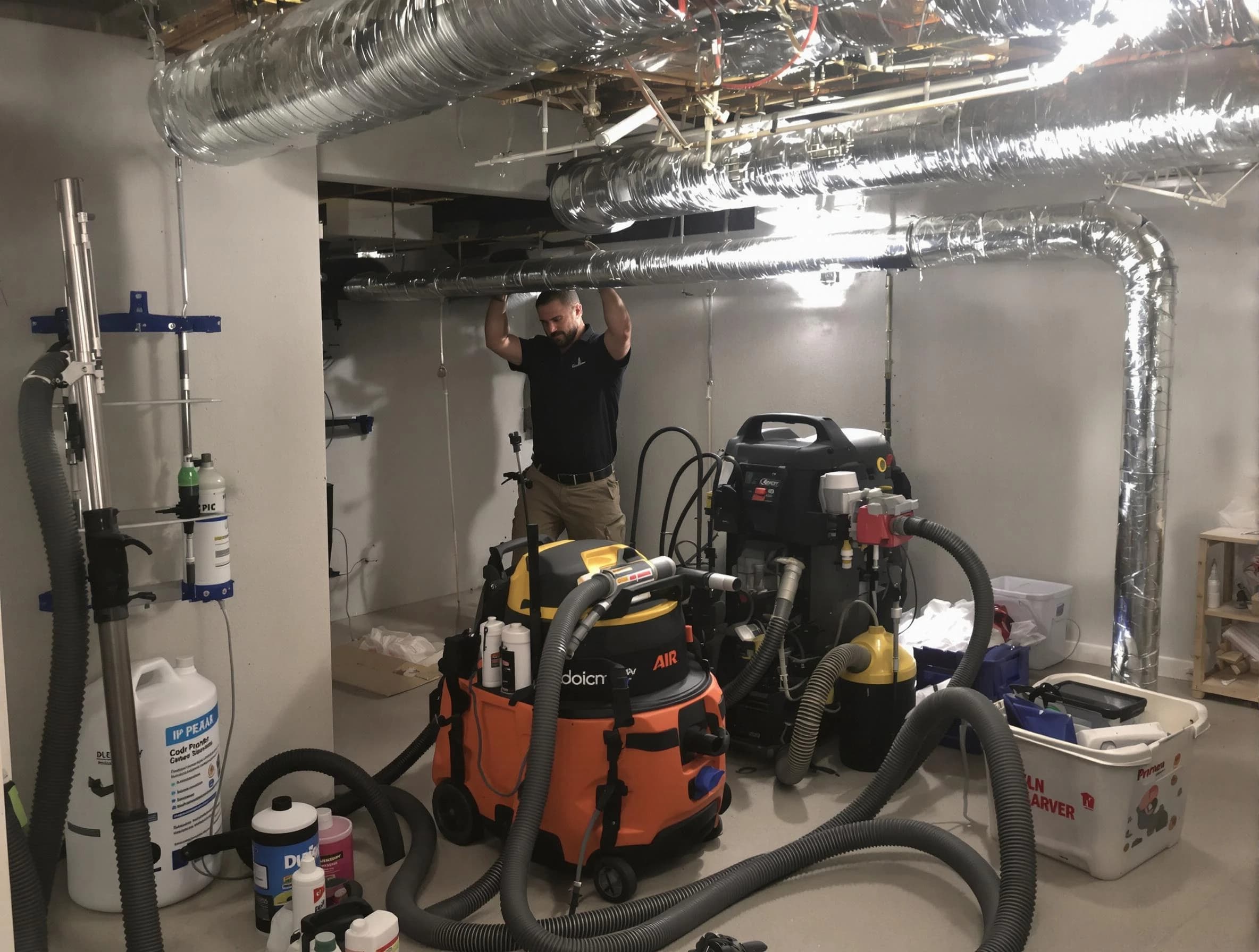 Washington Air Duct Cleaning specialist performing professional mold removal from air ducts using safety equipment in Washington